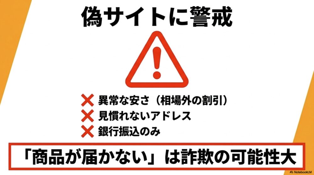 異常な安さや見慣れないアドレス、銀行振込のみといった特徴を持つ偽サイトへの警戒を呼びかけるスライド