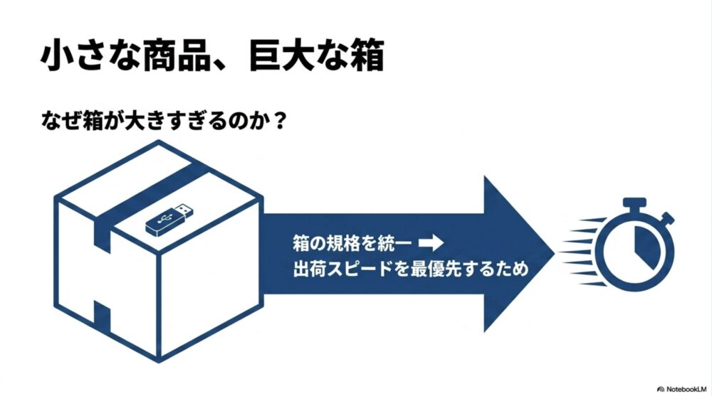 出荷スピードを最優先するため箱の規格を統一しており、結果的に小さな商品でも巨大な箱で届く理由の図解