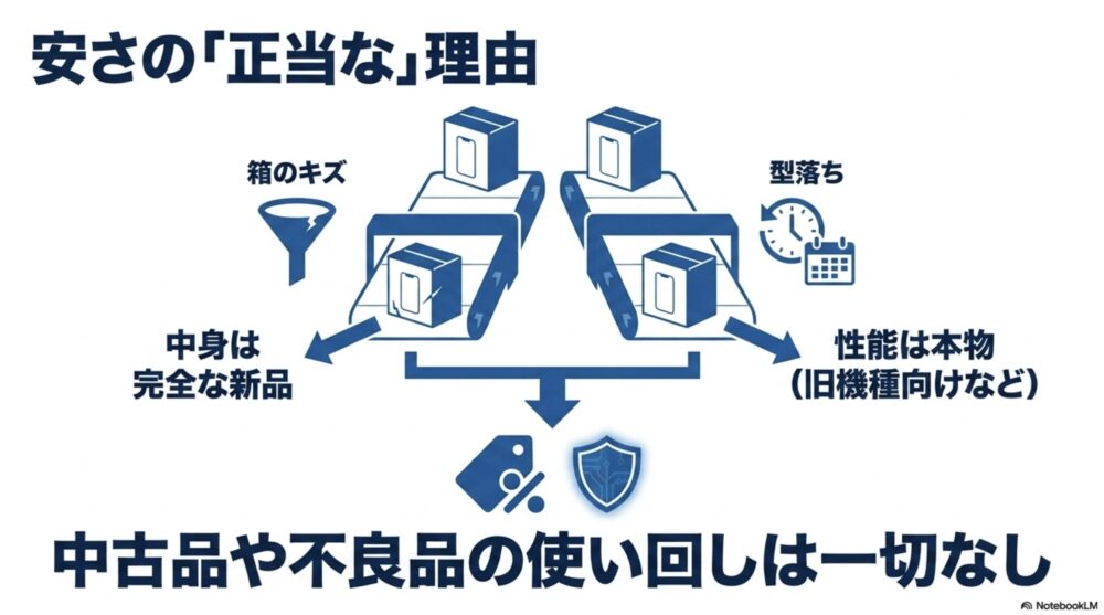 箱のキズや型落ちが理由であり、中古品や不良品の使い回しは一切ないという安さの正当な理由