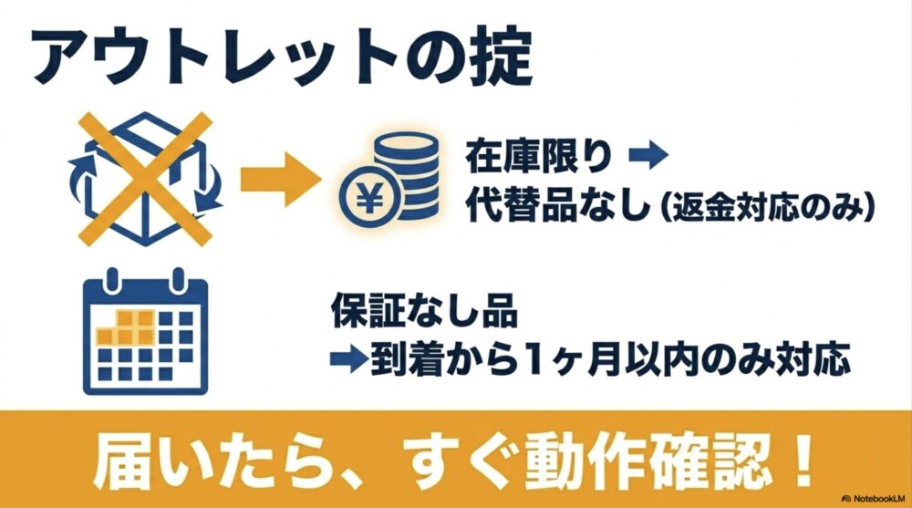 アウトレットの掟として、在庫限りのため代替品がなく返金対応のみとなるルールの図解