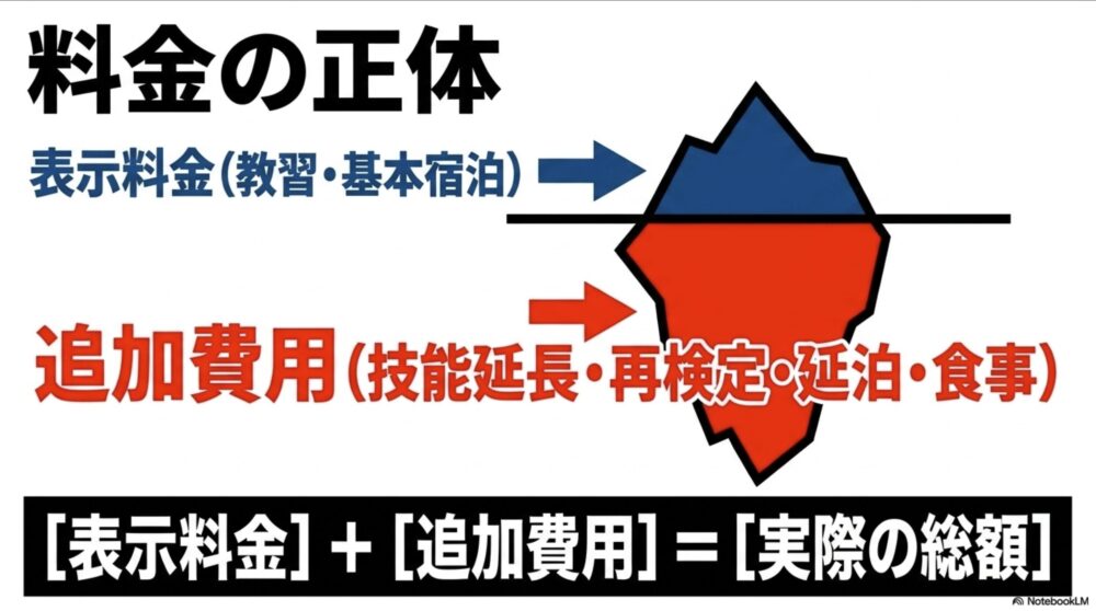 表示料金に加えて技能教習の延長、再検定、延泊、食事などの追加費用が発生する可能性を氷山で示した図