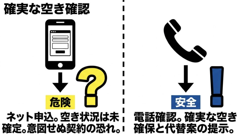 ネット申し込みでは空き状況が未確定になる可能性があり、電話確認では確実な空きの確認や代替案の提案を受けられることを比較した図
