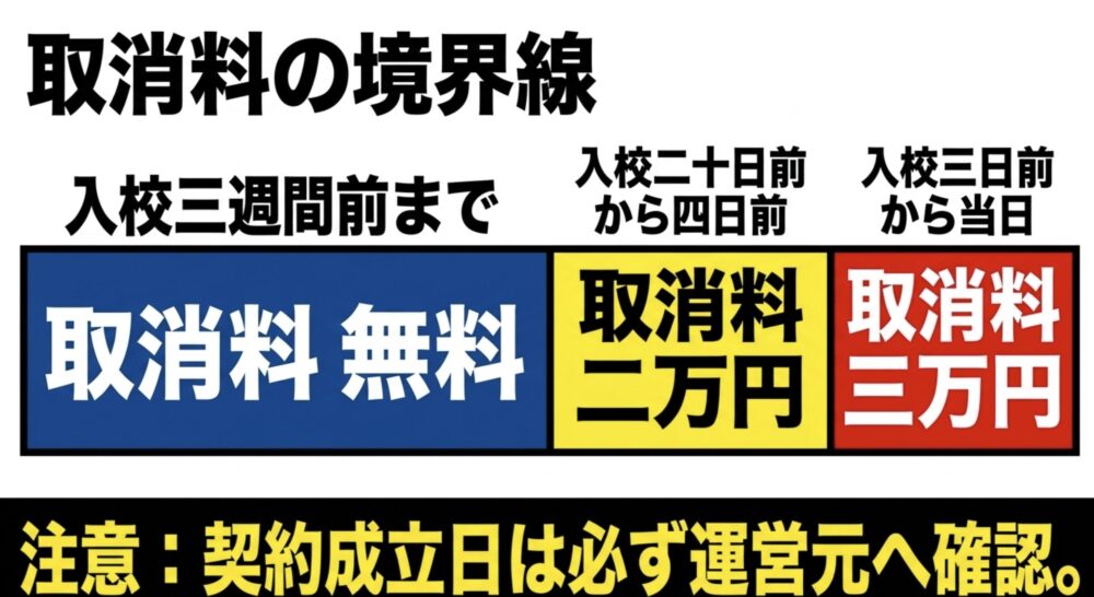 入校3週間前までは取消料無料、入校20日前から4日前は2万円、入校3日前から当日は3万円という取消料の目安を示した図