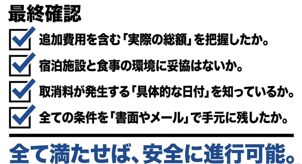 追加費用を含む実際の総額、宿泊施設と食事、取消料が発生する具体的な日付、条件を書面やメールで残したかを確認するチェックリスト