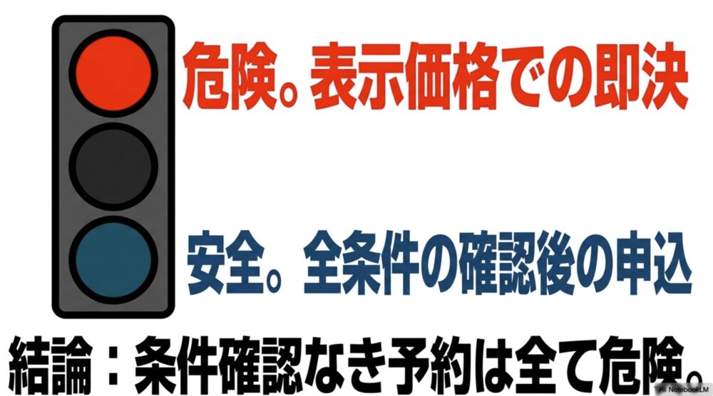表示価格だけで即決する危険な予約と、すべての条件を確認して申し込む安全な予約を信号で比較した図