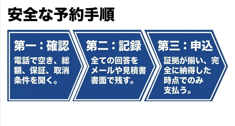 電話で空きや総額などを確認し、回答をメールや見積書で記録して、納得したあとに申し込みと支払いを行う3段階の予約手順