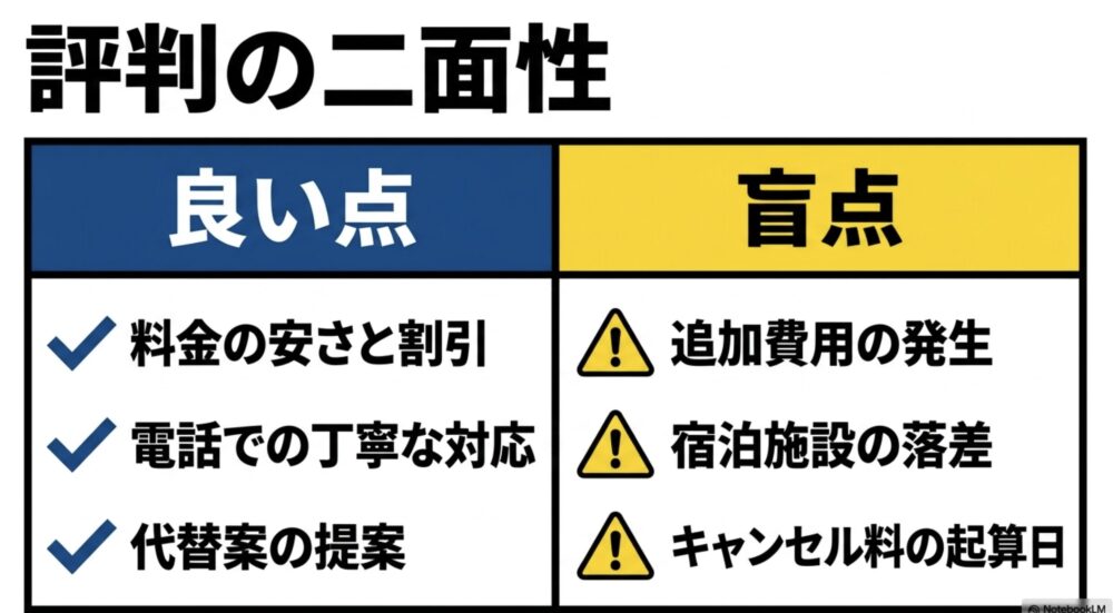 料金の安さ、電話対応、代替案の提案という良い点と、追加費用、宿泊施設、キャンセル料という盲点を比較した表