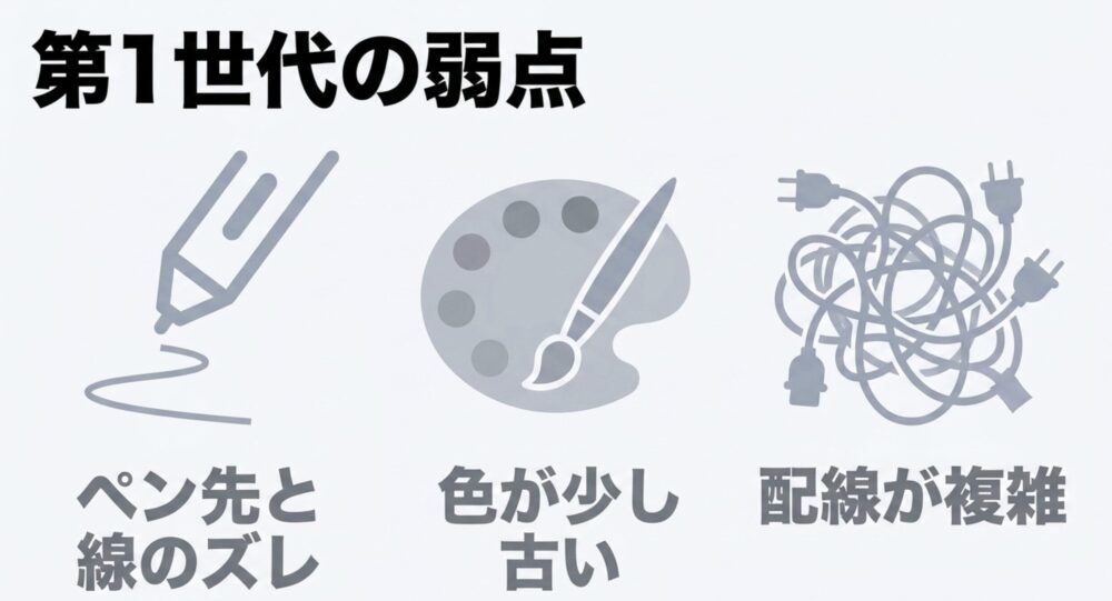Artist 12第1世代の弱点として、ペン先と線のズレ、色の古さ、配線の複雑さを示すスライド