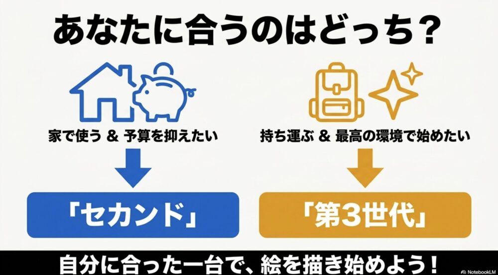 自宅で予算を抑えるならセカンド、持ち運びや最高の環境で始めるなら第3世代を選ぶ目安を示すスライド