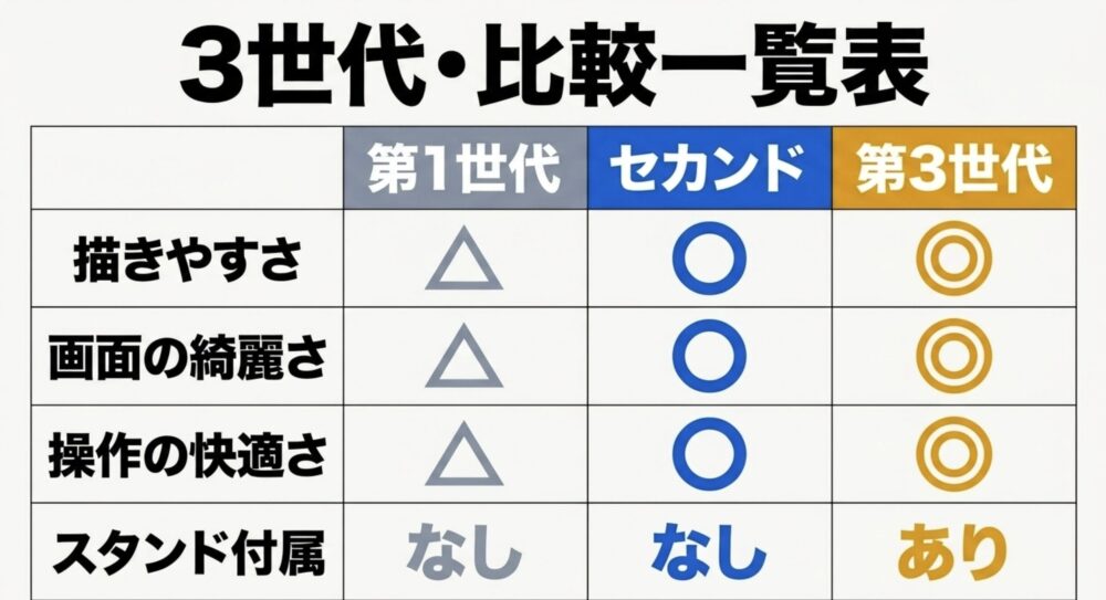 Artist 12第1世代、セカンド、第3世代を描きやすさ、画面、操作性、スタンド付属で比較した一覧表