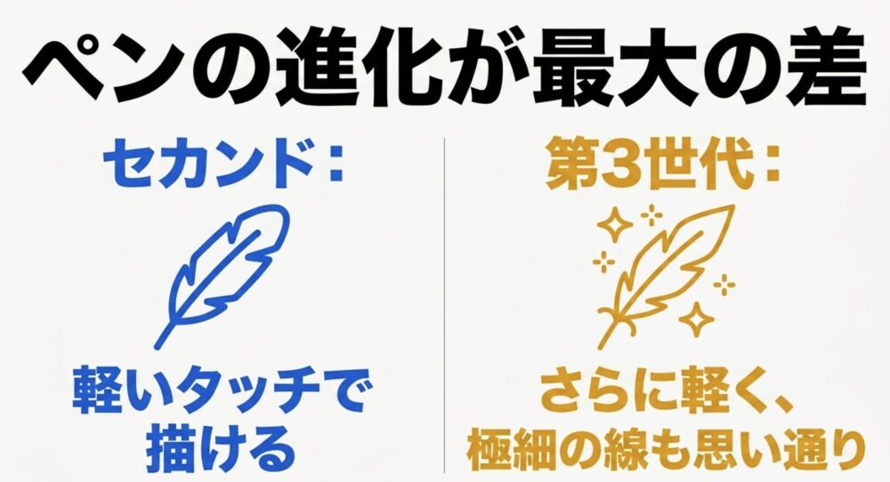 Artist 12セカンドと第3世代のペン性能差を、軽いタッチと極細線の描きやすさで比較するスライド